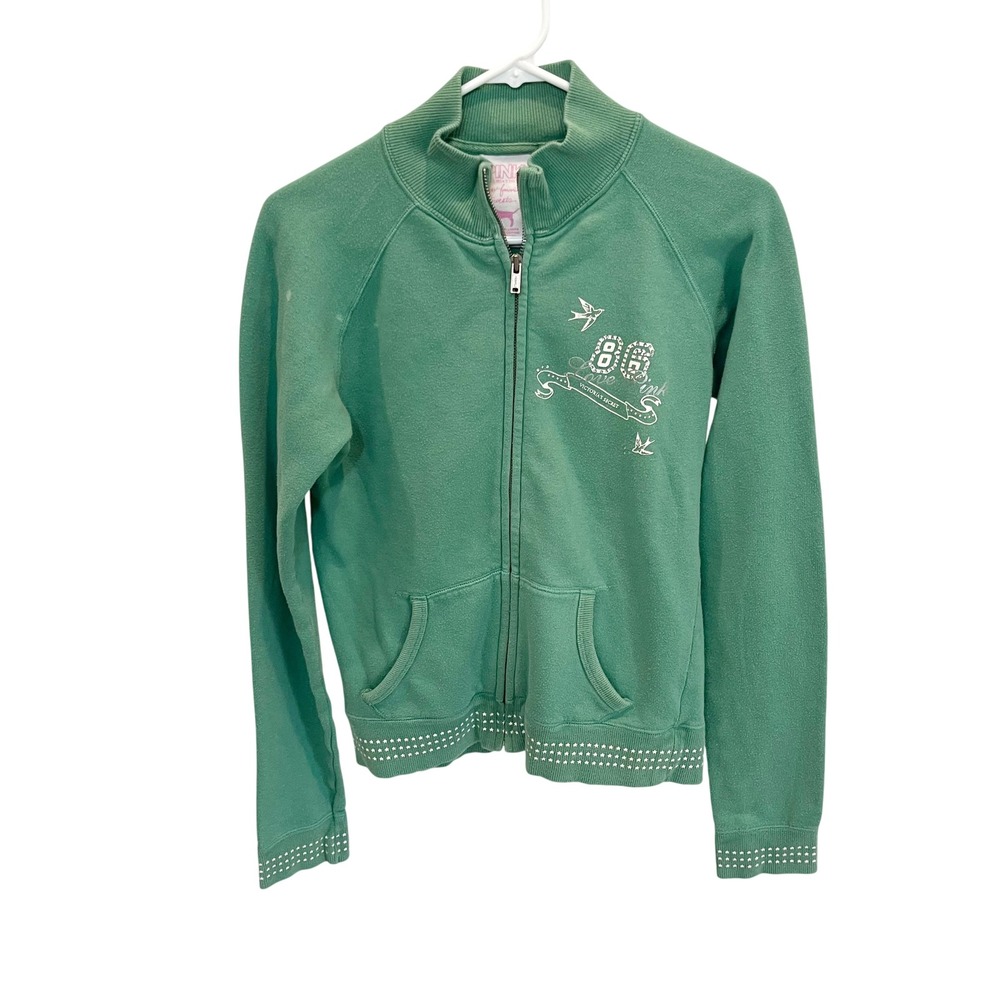 Victoria's Secret PINK Green Y2K Preppy Rhinestone Full Zip Track Jacket Medium